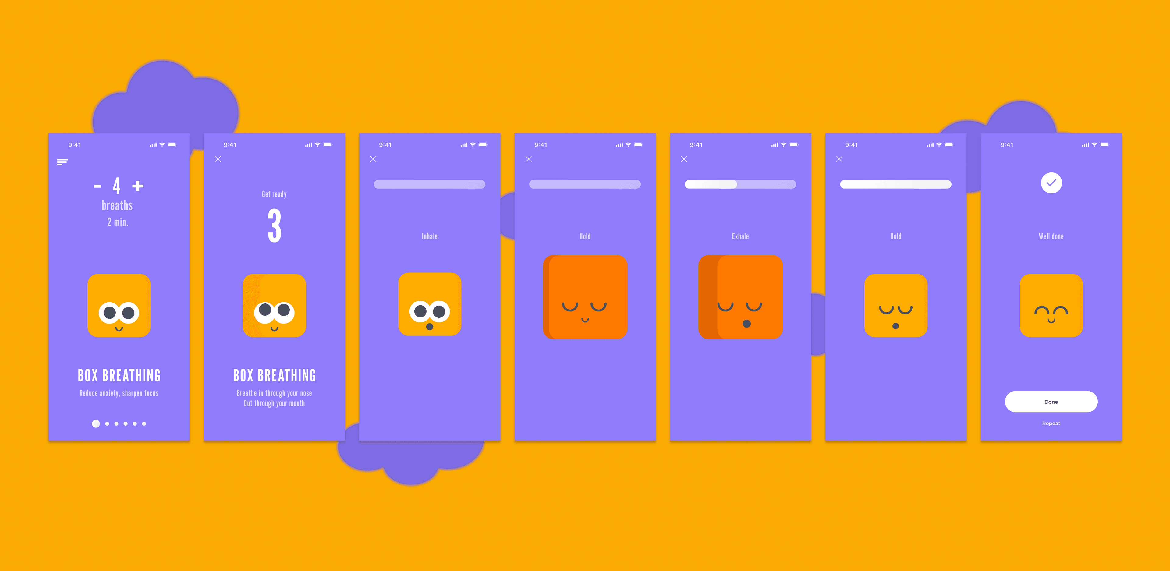 Mockups of an animation-based breathing exercise