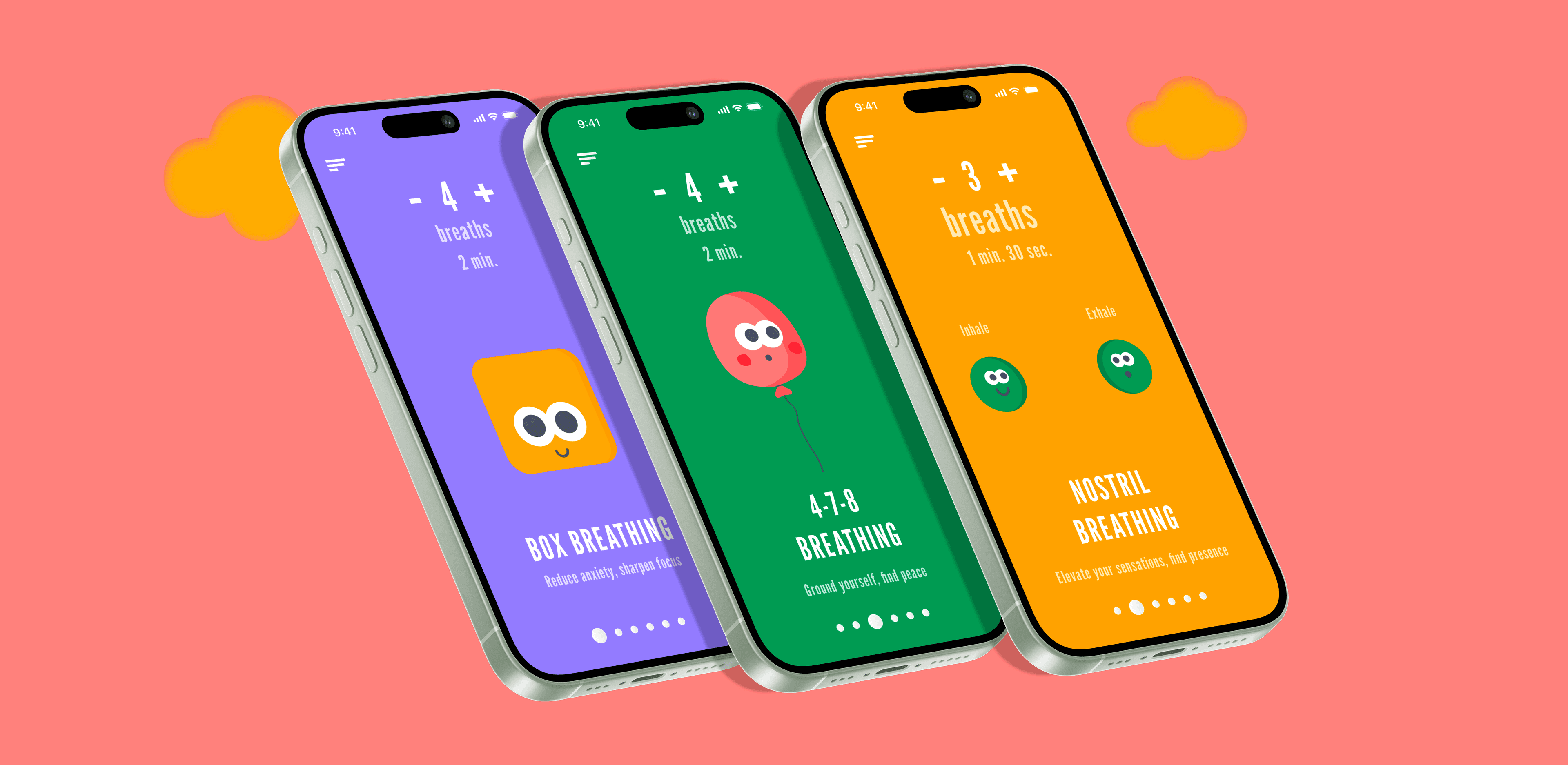 Breathable app screens across a lineup of iPhones
